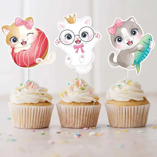 Vista 7 de 24 adornos para cupcakes de gato, miau, gatito, decoración de fiesta, lindos adornos para cupcakes de gatos de dibujos animados para gatitos, baby