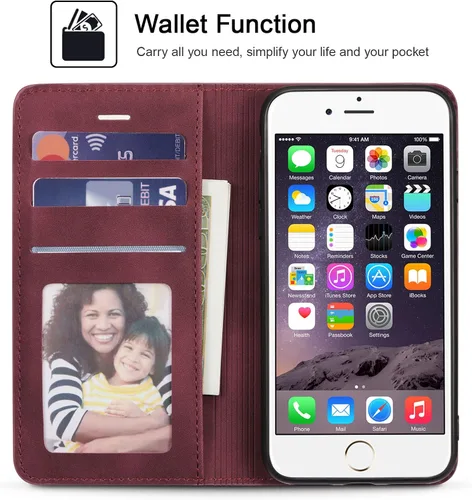 Vista 2 de QLTYPRI Funda para iPhone 6 Plus/6S Plus, cubierta de piel PU con tarjetero, funda tipo billetera con solapa magnética y a prueba de golpes - Vino