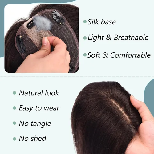 Vista 5 de Toppers de cabello humano real para mujeres con cabello delgado, 6 pulgadas, marrón oscuro
