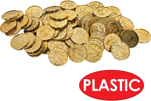 Vista 6 de Beistle 100 monedas de plástico dorado pirata en relieve, suministros temáticos occidentales, recuerdos de fiesta de casino, 1.5 pulgadas Embossed