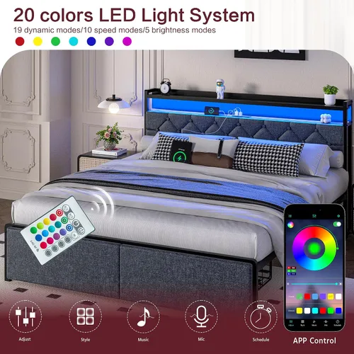 Vista 7 de SUNLEI Base de cama Queen con luz LED y 2 cajones, plataforma de metal con estación de carga y cabecera de almacenamiento de tela de lino, listones
