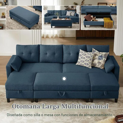 Vista 4 de Sofá Seccional Convertible de 101" con Mesa de Centro Otomana, Sofá Moderno de Tela de Lino en Forma de U con Bolsillo de Almacenamiento, Sofá Azul