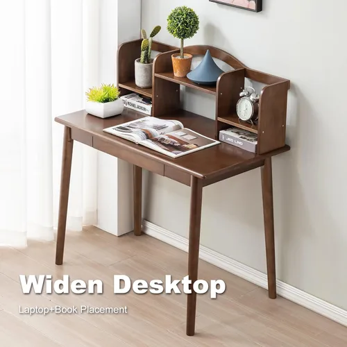 Vista 15 de Escritorio de madera maciza con cajones, escritorio de computadora de madera para oficina en casa (color nogal 40 pulgadas)