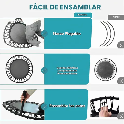 Vista 8 de Trampolín de rebote de 40 pulgadas/48 pulgadas para adultos con cuerdas elásticas, rebote de ejercicio para adultos para entrenamiento en interiores