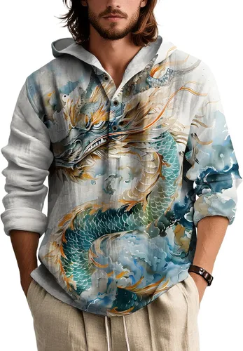 Vista 10 de Sudadera con capucha con estampado novedoso para hombre, multiestilo, manga larga, casual, con botones de un cuarto