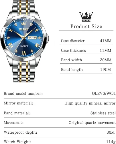 Vista 7 de OLEVS Relojes de pulsera analógicos de cuarzo con diamantes para hombre, con fecha, de dos tonos, de acero inoxidable, impermeables, luminosos