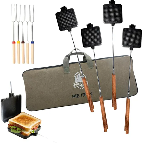 Vista 10 de Campfire Pie Iron - Sandwichera grande de hierro fundido de 4.9 pulgadas para camping, 2 piezas con bolsa de almacenamiento, asas ajustables de 21.7