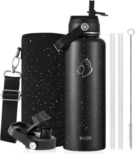 Vista 121 de BUZIO Botella de agua aislada de 24 oz, frasco de agua de boca ancha de acero inoxidable con tapa de pajita, frío durante 48 horas a prueba de Negro