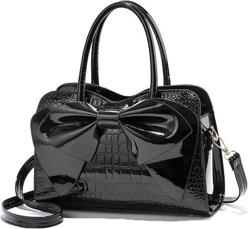Vista 8 de Bolso tote en relieve de cocodrilo, asa superior con diseño de lazo, cierre de cremallera, bolso cruzado para fiesta de noche