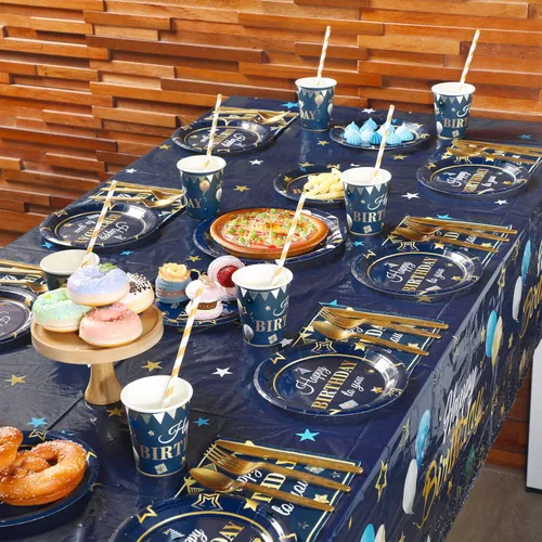 Vista 7 de Capoda Suministros para fiesta de cumpleaños, juego de vajilla de confeti estrellado, platos, tazas, servilletas, vajilla para niños y adultos