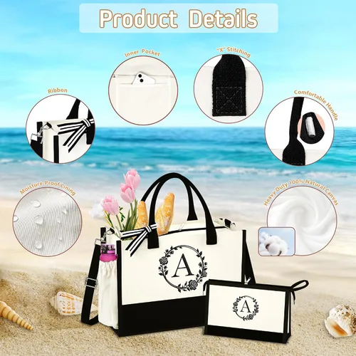 Vista 4 de Bolsa de lona con inicial para la playa con bolsa de maquillaje, regalos personalizados para mujeres, madres, amigas, profesores, damas de honor