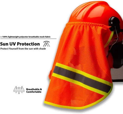 Vista 2 de TR Industrial Sombra de cuello para casco de seguridad forestal, malla con reflector 3M, tela transpirable 100% poliéster