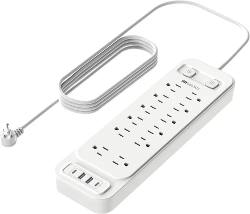 Vista 9 de HITRENDS - Regleta de alimentación con USB, cable de extensión de enchufe plano de 6 pies con 8 tomas, 3 puertos USB y 3 puertos tipo C (5V/3A)