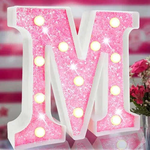 Vista 20 de Letras rosas iluminadas con purpurina, letras del alfabeto rosas, letreros de luces LED en marquesina rosas con batería para iluminación nocturna