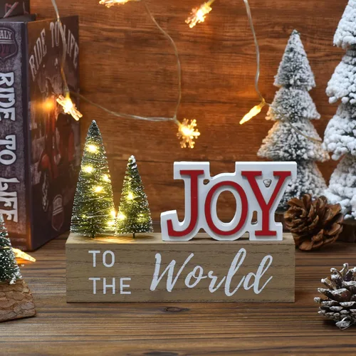 Vista 4 de Decoración de Navidad para el Hogar, JOY para El Mundo Letrero de Mesa de Navidad de Madera con Árboles LED, Estante Rústico, Chimenea, Decoración