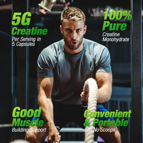 Vista 3 de Monohidrato de creatina, 5000 mg (5 cápsulas) por porción, cápsulas de creatina (40 porciones) para apoyar la fuerza, músculo magro, salida