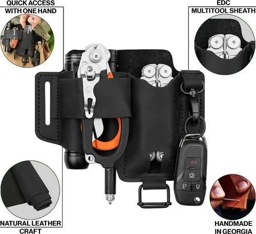 Vista 2 de Funda EDC multiherramienta para cinturón - Funda compacta para cuchillo y linterna para uso diario - Funda Leatherman para hombres - Organizador