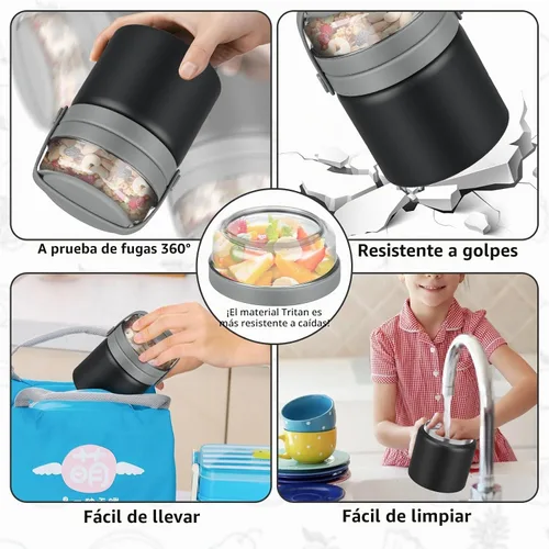 Vista 3 de JXXM Tarro de comida aislado 2 en 1 para niños, termo de sopa de 13.5 onzas con contenedor de aperitivos, termo para alimentos calientes