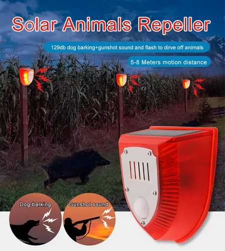 Vista 6 de Sensor de movimiento solar de luz y alarma de sonido, 129dB disparo y ladridos de perro y luz estroboscópica sirena de alarma de seguridad