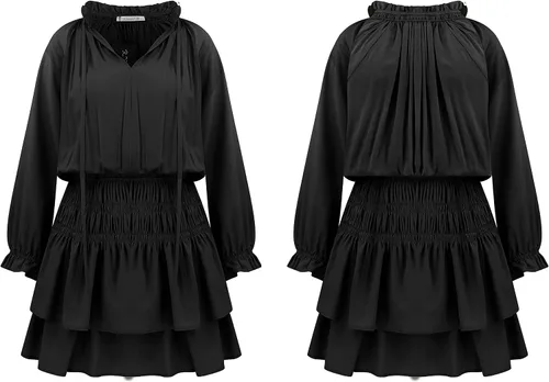 Vista 6 de R.Vivimos Minivestido de algodón de manga larga con cuello en V y volantes plisados para mujer