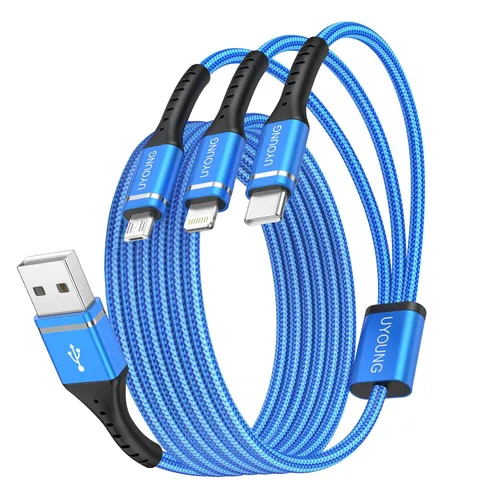 Vista 18 de Cable de carga múltiple corto de 1 pie, paquete de 2 cables de carga 3 en 1, cables universales trenzados para teléfono con conectores