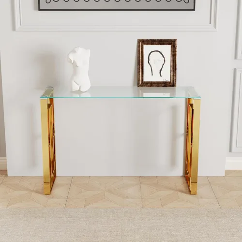 Vista 5 de Mesa consola de cristal, moderna mesa de entrada de 47.2 pulgadas, parte superior de vidrio con base de acero inoxidable, mesa de sofá estrecha