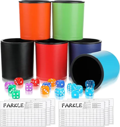 Vista 9 de Zhanmai Juego de 6 vasos de dados para juego Farkle, taza de piel sintética con 36 dados coloridos, juego de 6 tarjetas de puntuación Farkle