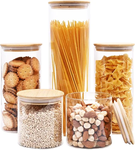Vista 21 de SHOWIN Tarros de almacenamiento de pasta de vidrio de 73 onzas, tarros altos de vidrio con tapas de bambú, contenedor de espagueti, juego de 3