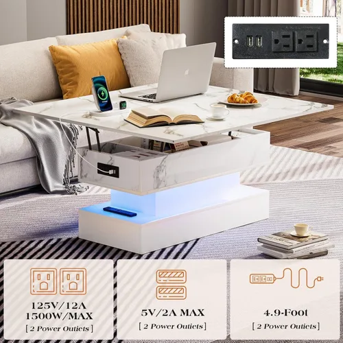 Vista 5 de SYESWAY - Mesa de centro con tapa elevable de 39.4 pulgadas con estación de carga, mesa central con diseño de mármol brillante con compartimento