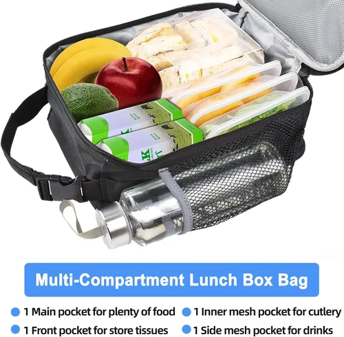 Vista 4 de Lonchera aislada, a prueba de fugas, portátil, para mujeres, hombres, niños y niñas, bolsa enfriadora de gran capacidad con asa y bolsillo para Negro