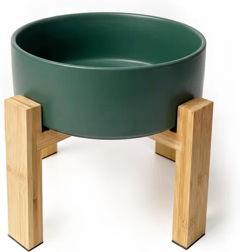 Vista 17 de Cuenco elevado de cerámica para gatos - Cuenco de comida para gatos con soporte de bambú - Plato elevado de comida para perros para cachorros - Verde
