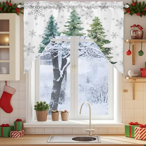 Vista 3 de Cortinas de cocina con cenefa de árbol de Navidad, cenefa con bolsillo para barra, paneles de cortina para dormitorio, sala de estar, baño