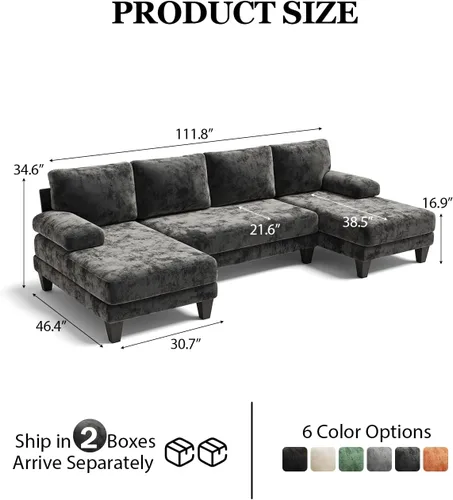 Vista 2 de Sofás seccionales en forma de U para sala de estar, sofá de felpilla con diván doble, sofá seccional gris oscuro de 112 pulgadas para apartamento