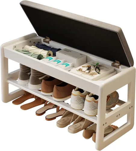 Vista 11 de AQIMUELE Banco pequeño para zapatos, banco de zapatos de 2 niveles con almacenamiento con tapa abatible, zapatero de madera para entrada, pasillo