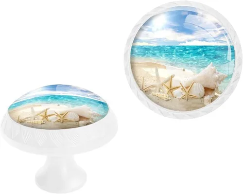 Vista 6 de Paquete de 4 tiradores negros para cajones, diseño de estrella de mar de mar y conchas azules con diseño de horizonte, manijas de cristal