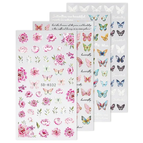 Vista 11 de Calcomanías de uñas, 4 hojas en relieve floral 5D, autoadhesivas para manicura de bricolaje