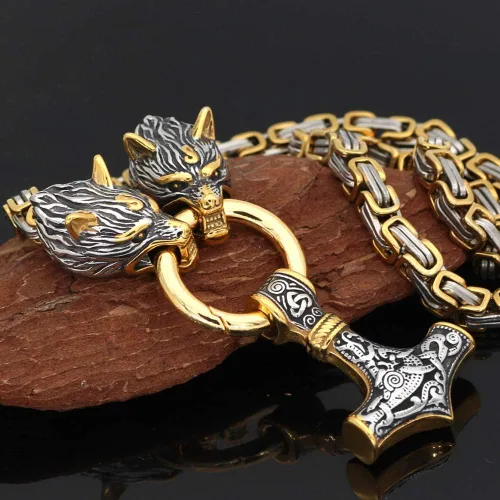 Vista 6 de QZY Viking Collar de acero de titanio sólido para hombre, cadena bizantina cuadrada de oro y plata con cabeza de lobo y colgante de martillo de Thor
