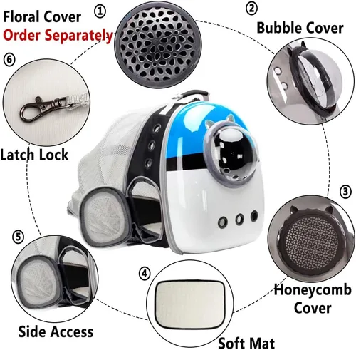 Vista 2 de Mochila expandible para gatos, mochila para gatos, gatitos y cachorros pequeños, mochila de burbujas aprobada por aerolíneas, cápsula espacial Azul