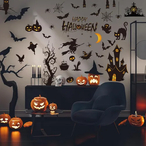 Vista 3 de AnyDesign Calcomanías de pared de Halloween, calcomanías de pared de murciélagos y castillo antiguo, calcomanías de arte de pared extraíbles