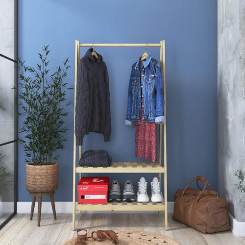 Vista 6 de Perchero de madera, estante de ropa hecho en Europa con estantes espaciosos