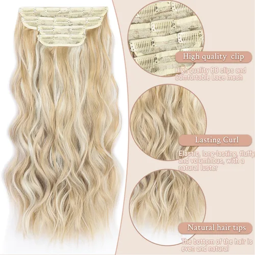 Vista 3 de Extensiones de cabello rubio con clip, de 22 pulgadas, extensiones de cabello largo y rizado con clip, 4 unidades, extensiones de cabello sintético