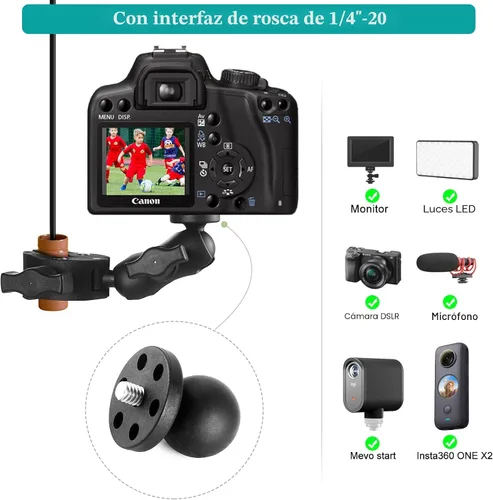 Vista 4 de Abrazadera para silla con doble abrazadera para cámara with 360° Magic Arm Double Ball Head Adapter for Umbrella, Wheelchair, Pole, Strollers