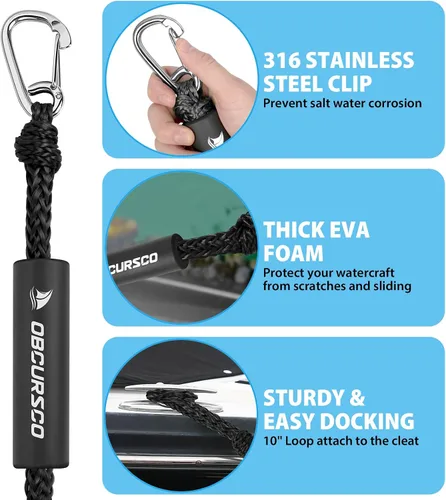 Vista 9 de Obcursco Líneas de muelle elásticas para barco, cuerda de amarre con clips de acero inoxidable 316, accesorios para moto acuática, PWC, SeaDoo