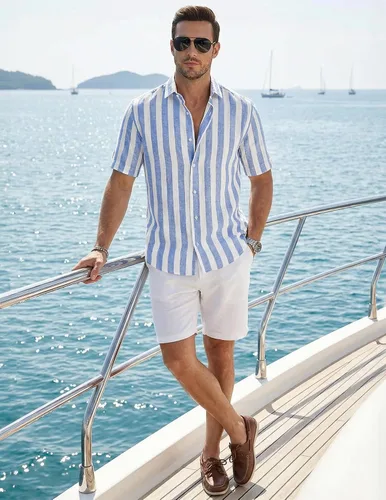 Vista 5 de JMIERR Camisa de vestir a rayas de algodón con botones y manga corta para hombre 1 raya azul cielo