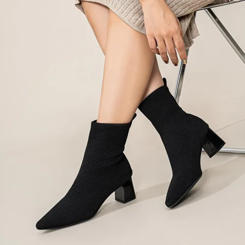 Vista 8 de Women's Ankle Boots Comfortable Pointed Toe Breathable Sock Knit Low Heel Fall Work Office Booties
