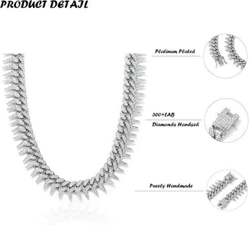 Vista 4 de HUITIAN INTL Cadena de eslabones cubanos para hombres y mujeres, cadena helada con espinas de diamante, circonita cúbica de 18 quilates, chapado