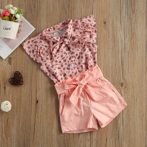 Vista 6 de Conjunto de 2 piezas con volantes y cuello halter floral para niños pequeños y niñas