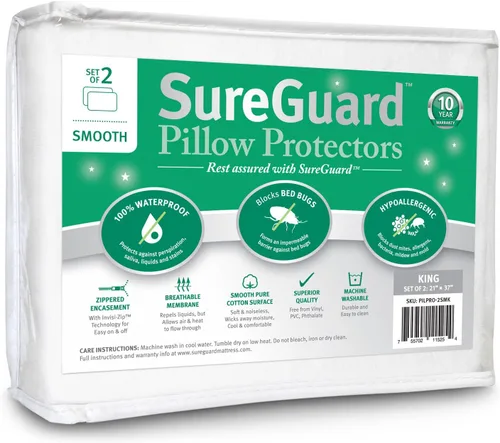 Vista 6 de Juego de 2 protectores de almohada SureGuard de tamaño estándar, 100% impermeables, a prueba de chinches, hipoalergénicos, fundas de rizo de algodón