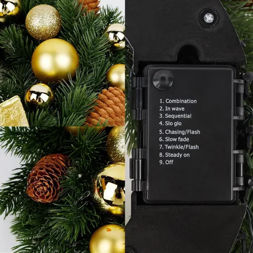 Vista 4 de Hausse - Corona de Navidad iluminada con colgador de metal, corona de Navidad pre-iluminada con lazo dorado grande y bolas, funciona
