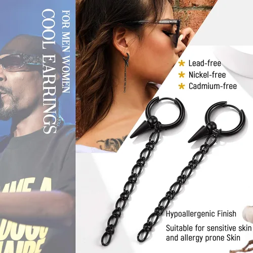 Vista 4 de Aretes colgantes de acero inoxidable para hombres y mujeres, chapados en oro de 18 quilates, aretes colgantes con bisagras, aretes de cadena larga
